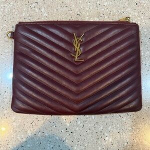 Saint Laurent Chevron Quilted Leather Pouch in Deep Burgundy with Gold YSL